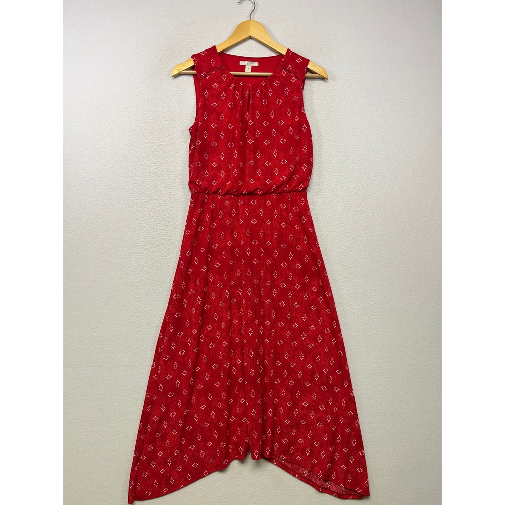 Boho Dana Buchman Womens Small Red Geometric Handkerchief Hem Midi Dress